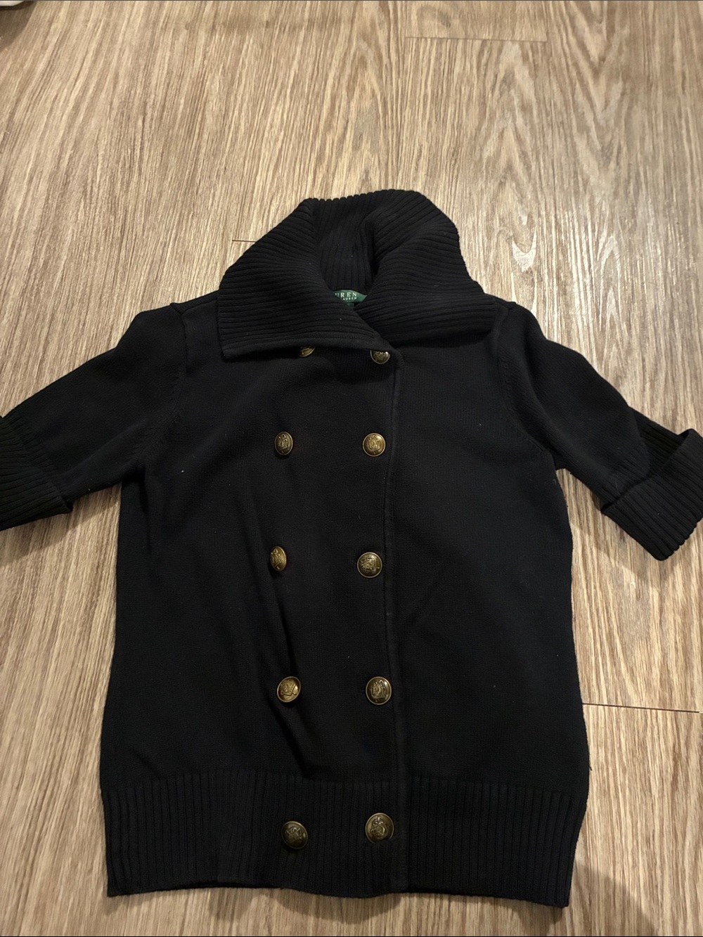 Ralph Lauren Black Double-Breasted Knit Cardigan with Gold Buttons